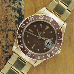 Front face of 18K Rolex GMT-Master no crown guards on Oyster bracelet from 1962