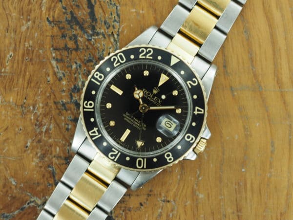 Front face of S/Gold Rolex GMT-Master ref 16753 nipple dial from 1981