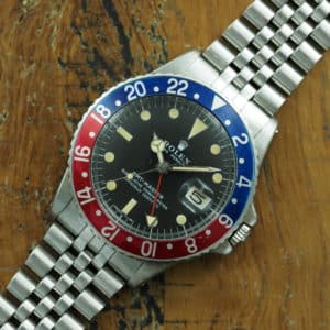 Front face of S/Steel Rolex GMT-Master 1675 from 1978