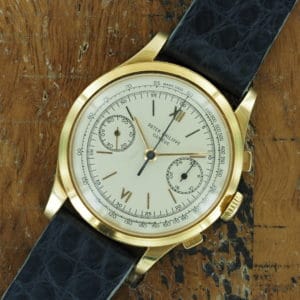 Front face of 18K Patek Philippe oversize chronograph ref 530 from 1952