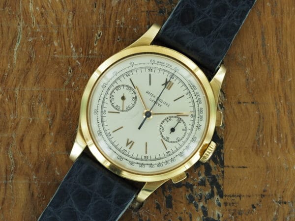 Front face of 18K Patek Philippe oversize chronograph ref 530 from 1952