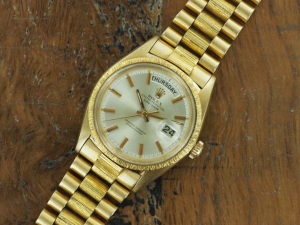 Front face of 18K Rolex Day-Date bark finish 1807 from 1967