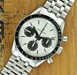 Front face of S/Steel Universal Genève "Nina Rindt" chronograph from 1970