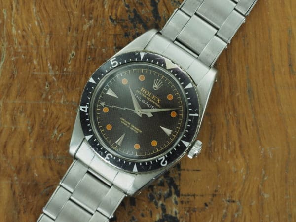 Full front view of S/Steel Rolex Milgauss tropical honeycomb dial 6541 from 1958