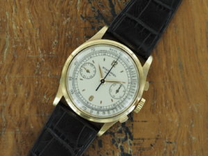 Front view of 1948 18K Patek Philippe chronograph ref 530