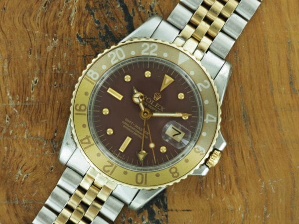Front face of 1972 S/Gold Rolex GMT-Master 1675