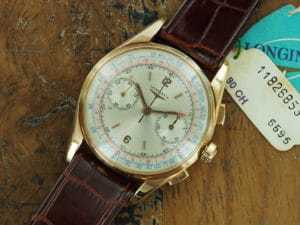 Front face of 1963 18K rose gold Longines ref 6595 30CH chronograph