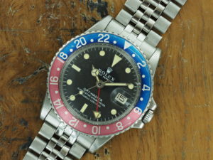Front face of 1971 S/Steel Rolex GMT-Master "Long E" ref 1675