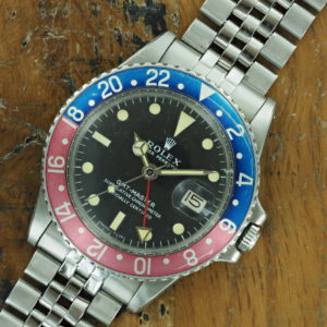 Front face of 1971 S/Steel Rolex GMT-Master "Long E" ref 1675