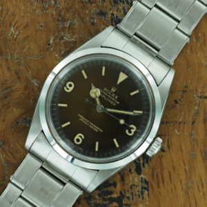 Full front side of 1966 S/Steel Rolex Explorer ref 1016 with tropical dial
