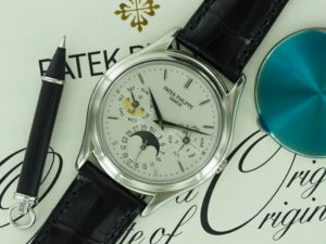 Front side of 2000 18K WG Patek Philippe perpetual calendar ref 3940G with papers
