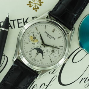 Front side of 2000 18K WG Patek Philippe perpetual calendar ref 3940G with papers