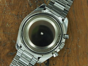 Full back side of S/Steel Omega tropical Speedmaster pre-moon 145022 69ST