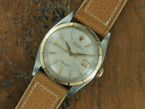 Front face of 1953 S/Gold Rolex Datejust big bubble back ref 6105