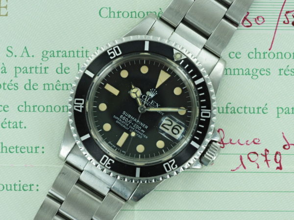 Full front side of 1978 S/Steel Rolex Submariner ref 1680 with papers