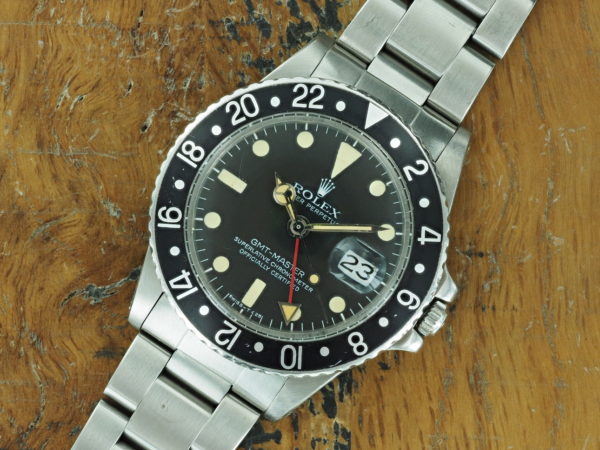 Full front side of 1978 S/Steel all-black Rolex GMT-Master ref 1675
