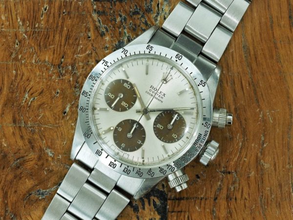 Full front face of 1971 S/Steel Rolex Cosmograph tropical sigma dial 6265