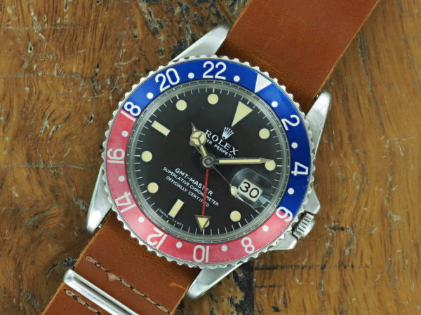 Full front view of 1968 S/Steel Rolex GMT-Master ref 1675